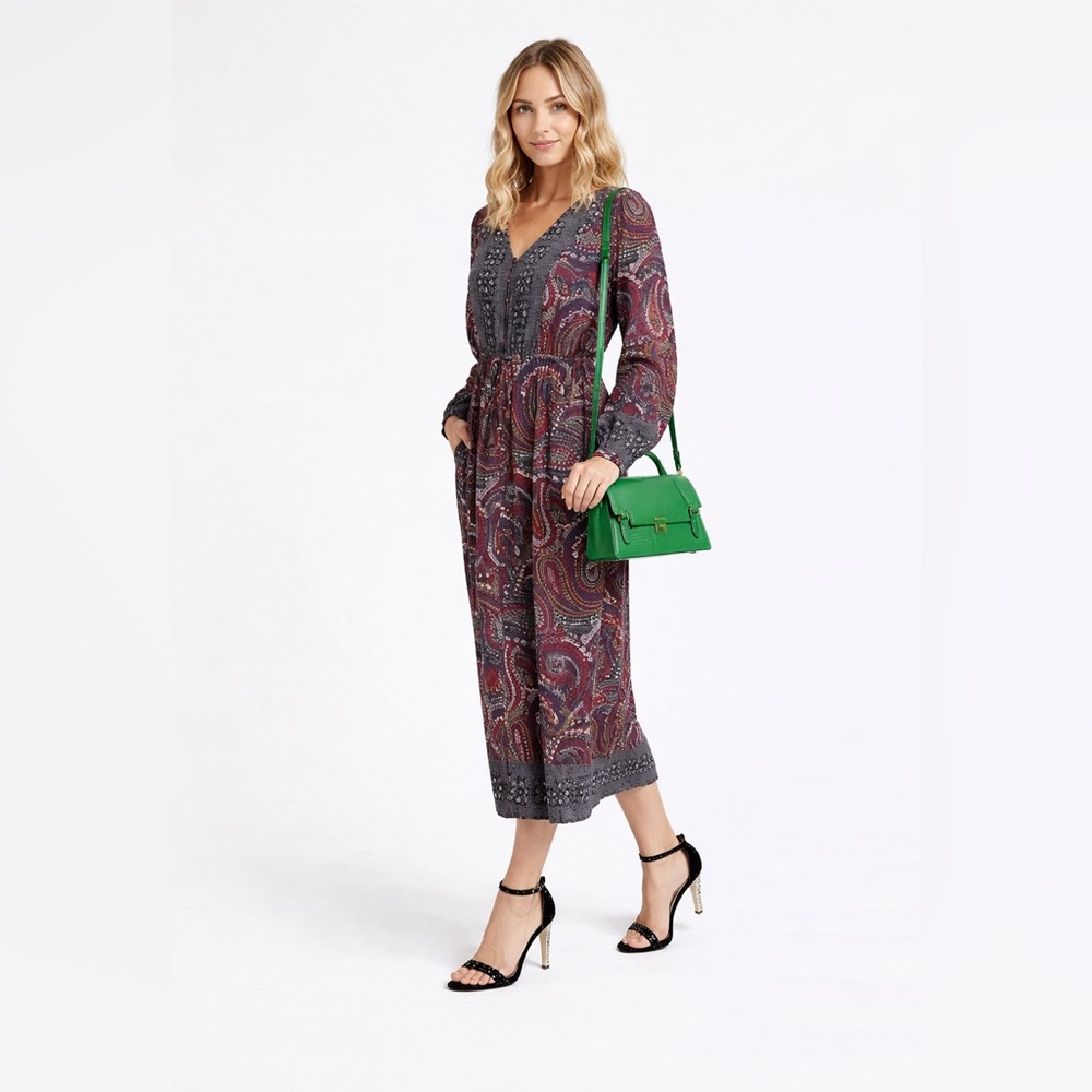 Boho Paisley Midi Dress Size M Long Sleeve Tie Waist Pockets praire cottagecore